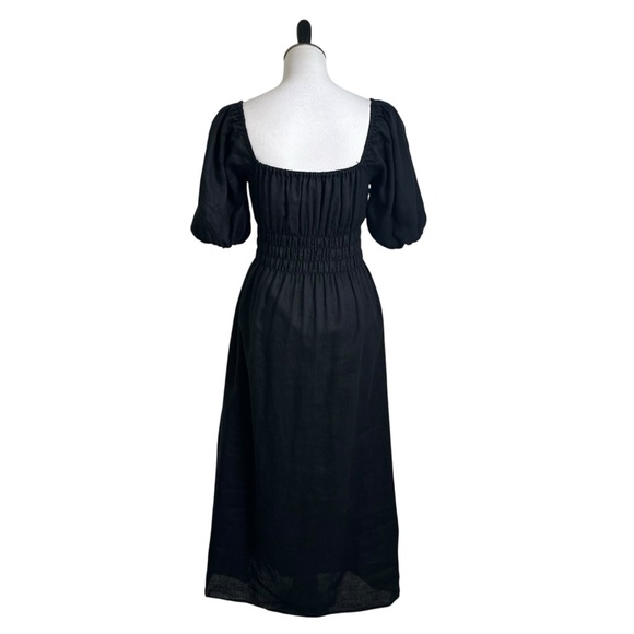 FAITHFULL THE BRAND Maurelle Linen Midi Dress Sz 4 Black Puff Sleeve Lined - Picture 3 of 10